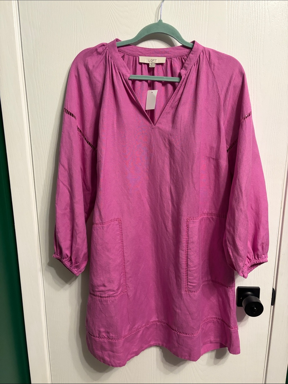 NWT LOFT Fuchsia Split V-Neck Tunic dress with Patch Pockets size XS